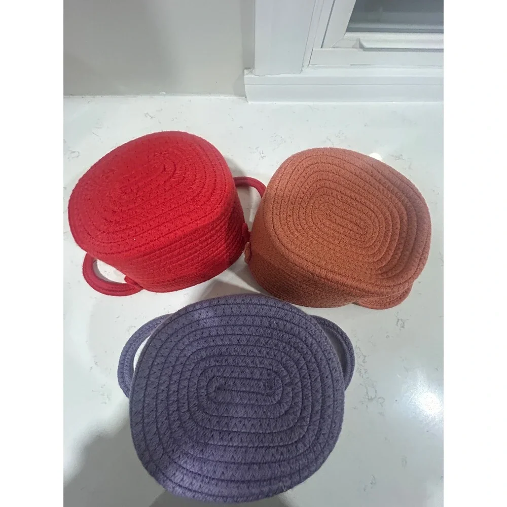 Set of 3 Woven Cotton Rope Baskets Small Oval Storage Bins w/ Handles Multicolor